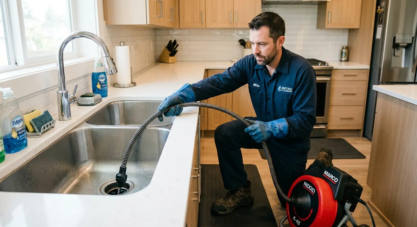 Drain cleaning technician using a motorized snake on a kitchen sink in Brownsville