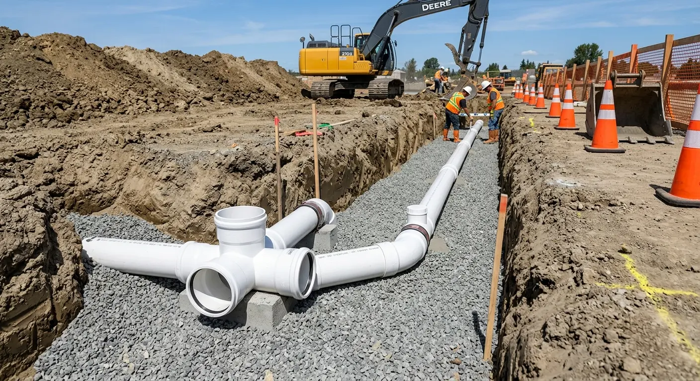 New PVC sewer pipe installation in open trench for Sewer Backup in Brownsville