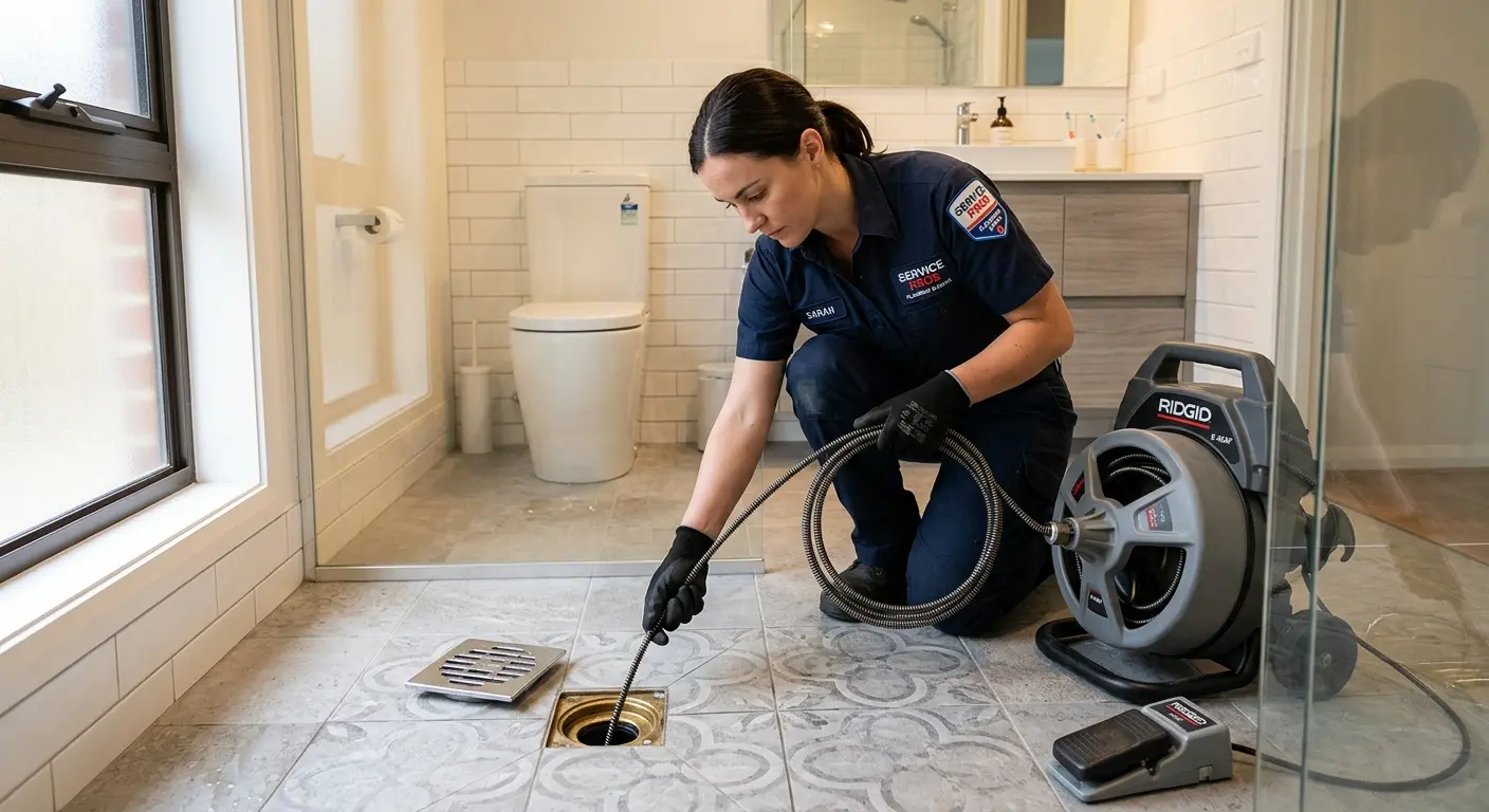 Technician clearing a bathroom floor drain for Sewer Line Installation in Brownsville